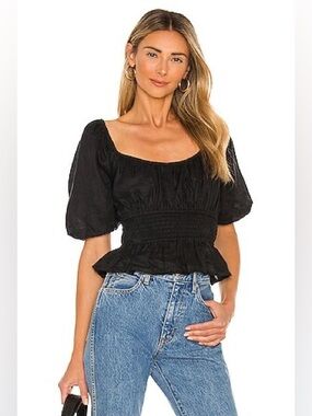 FAITHFULL THE BRAND Kinsley Puff Sleeves Top in Plain Black Size Small